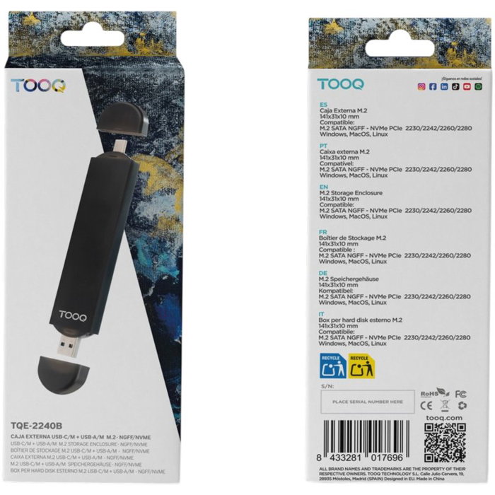 Tooq TQE-2240B Caja Externa para SSD M.2 NVMe/NGFF USB-C y USB-A